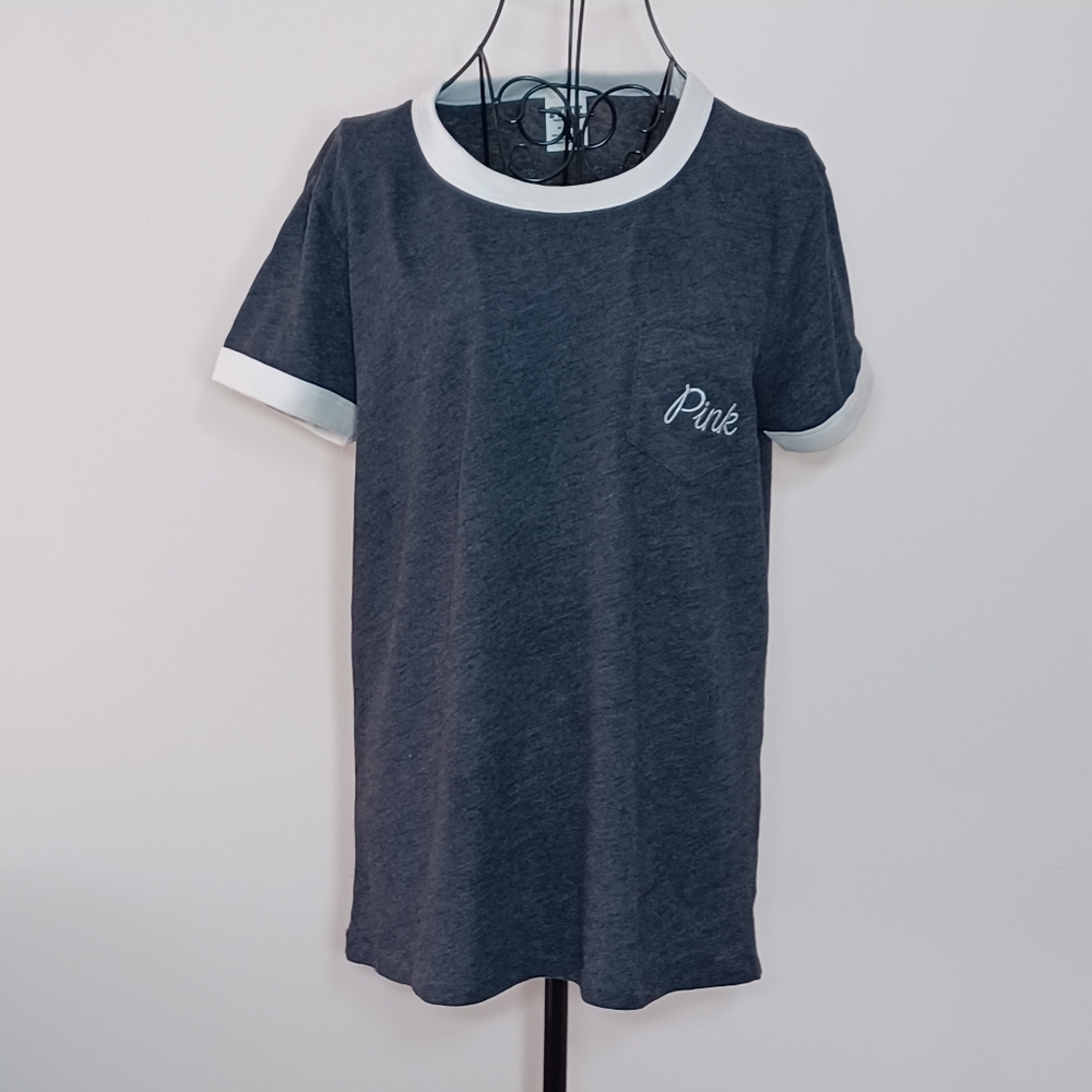 PINK Contrast Trim Ringer Tee - Charcoal with White